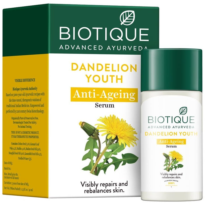 Biotique Dandelion Youth Anti-Ageing Serum - Targeting Wrinkles & Dull, Dry Skin - 40ml