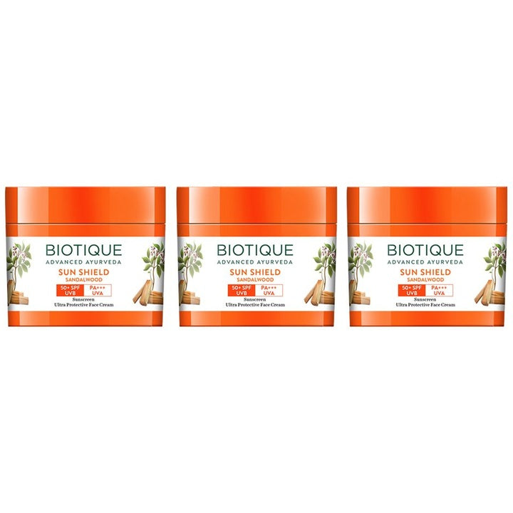 Biotique Set of 3 Sun Shield Sandalwood 50+SPF Ultra Protective Sunscreen Cream - 50g each