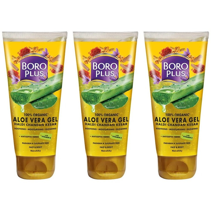 BOROPLUS Set of 3 100% Organic Aloe Vera Gel with Haldi Chandan & Kesar - 150ml each