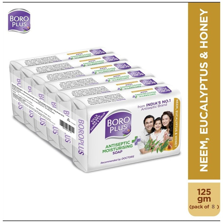 BOROPLUS Set of 8 Antiseptic Moisturising Soap With Neem, Eucalyptus & Honey - 125g Each