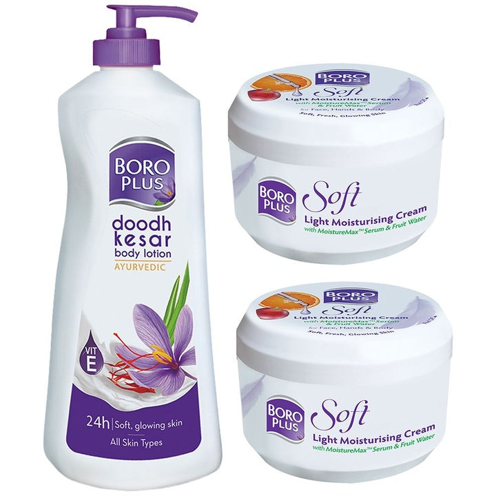 BOROPLUS Set of 1 Doodh Kesar Body Lotion 400ml & 2 Soft Ayurvedic Antiseptic Cream 300ml
