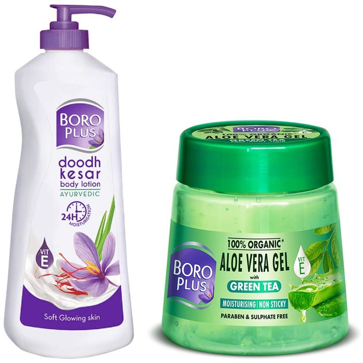 BOROPLUS Set of Aloe Vera Gel 200 ml & Doodh Kesar Body Lotion 400 ml