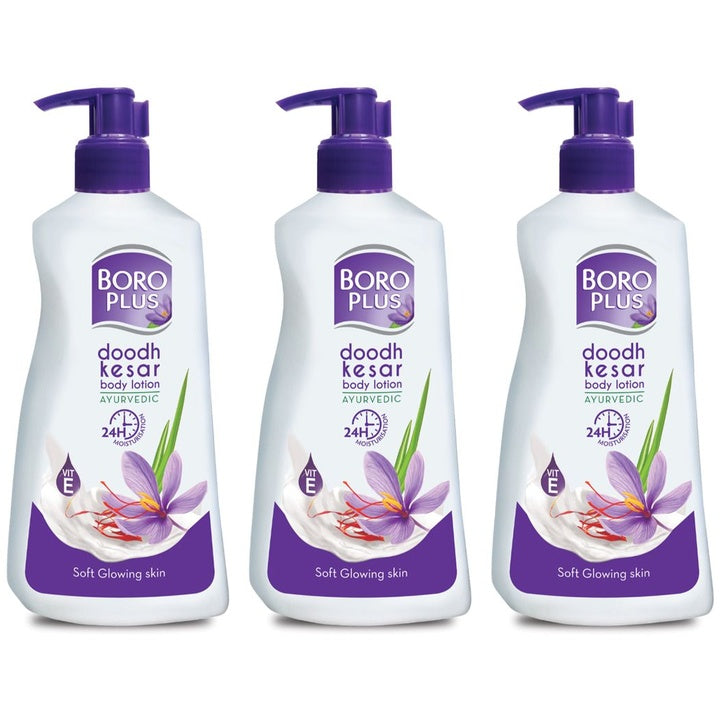 BOROPLUS Set of 3 Ayurvedic Doodh Kesar Body Lotion with Vitamin E - 600 ml Each