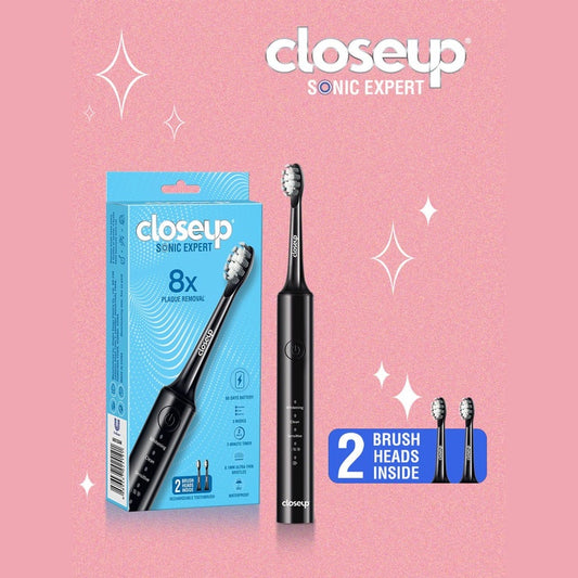 Closeup Sonic Expert 8x Plaque Removal Electric Toothbrush & 2 Replaceable Heads - Black