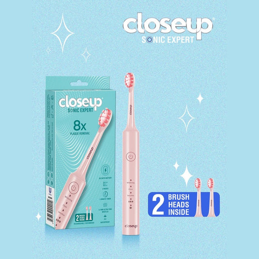 Closeup Sonic Expert 8x Plaque Removal Electric Toothbrush & 2 Replaceable Heads - Pink