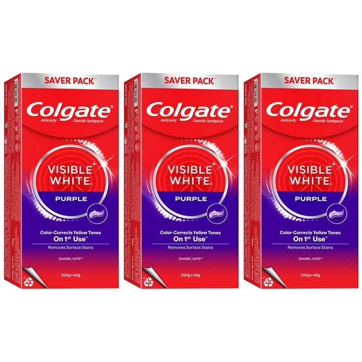 Colgate Set of 3 Visible White Purple Toothpaste Color-Corrects Yellow Tones - 240g Each