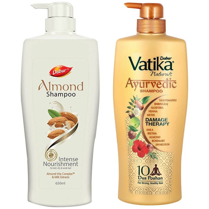Dabur Vatika Naturals Ayurvedic Shampoo 640ml & Almond Intense Nourishment Shampoo 650ml