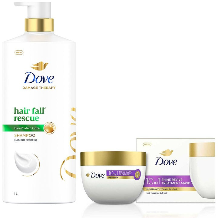 Dove Set of Hair Fall Rescue Shampoo 1L & Shine Revive Treatment Hair Mask 300 ml