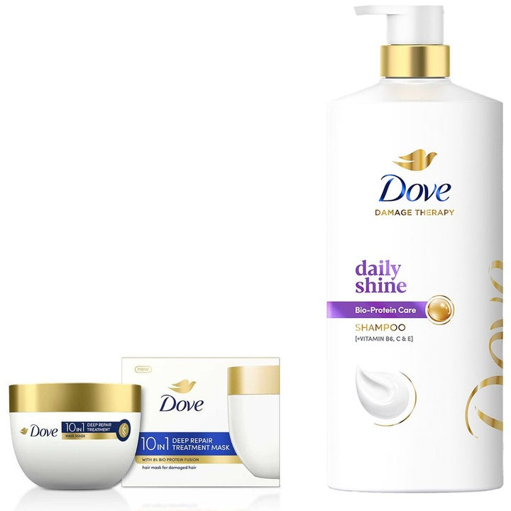 Dove Set of Daily Shine Shampoo 1L & 10-in-1 Deep Repair Treatment Hair Mask 300 ml