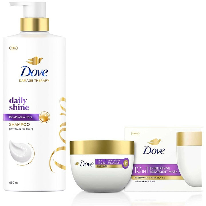 Dove Set of 10-in-1 Shine Revive Treatment Hair Mask - 300ml & Daily Shine Shampoo - 650ml