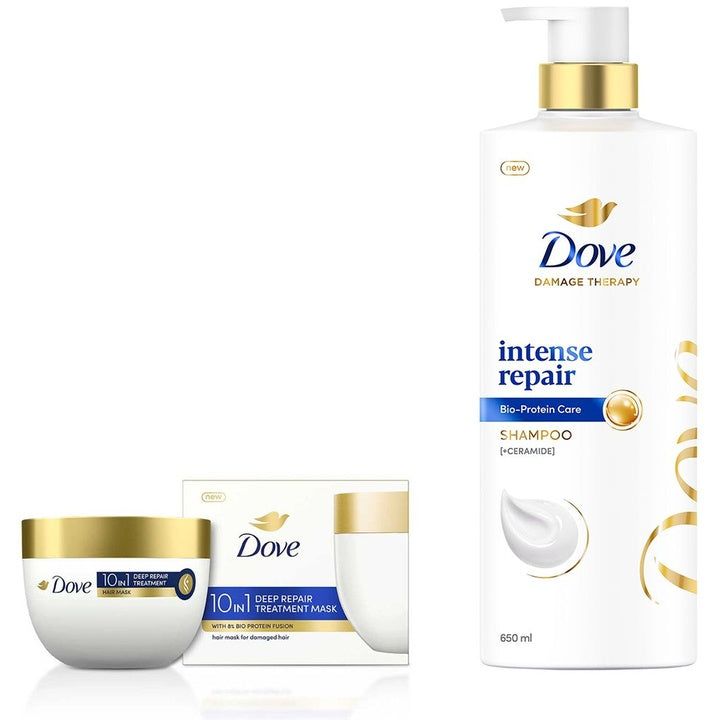 Dove Set of Intense Repair Shampoo 650ml & 10-in-1 Deep Repair Treatment Hair Mask 120ml