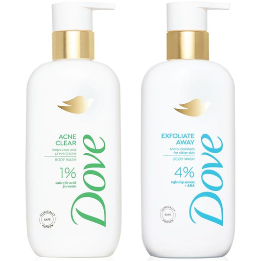 Dove Set of Exfoliate Away & Acne Clear Serum Body Wash - 300 ml each