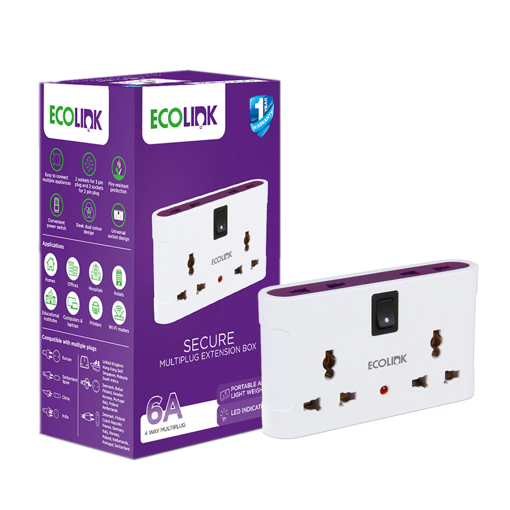 Ecolink 4Way Multiplug Adapter 6A White - 1 U