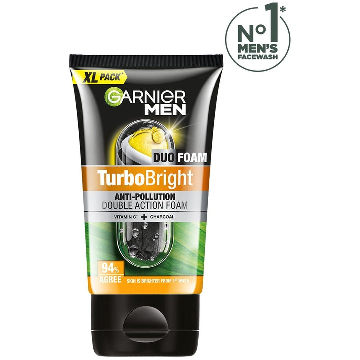 Garnier Men Turbo Bright Double Action Face Wash with Charcoal and Vitamin C - 150g