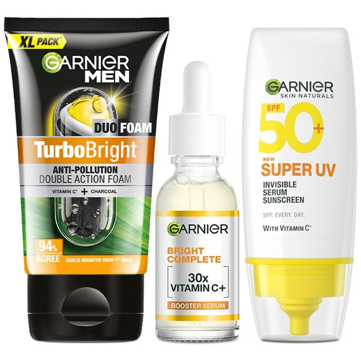 Garnier Game Face- Turbo Bright Face Wash 150g + Day Serum 30ml + Serum Sunscreen 30ml