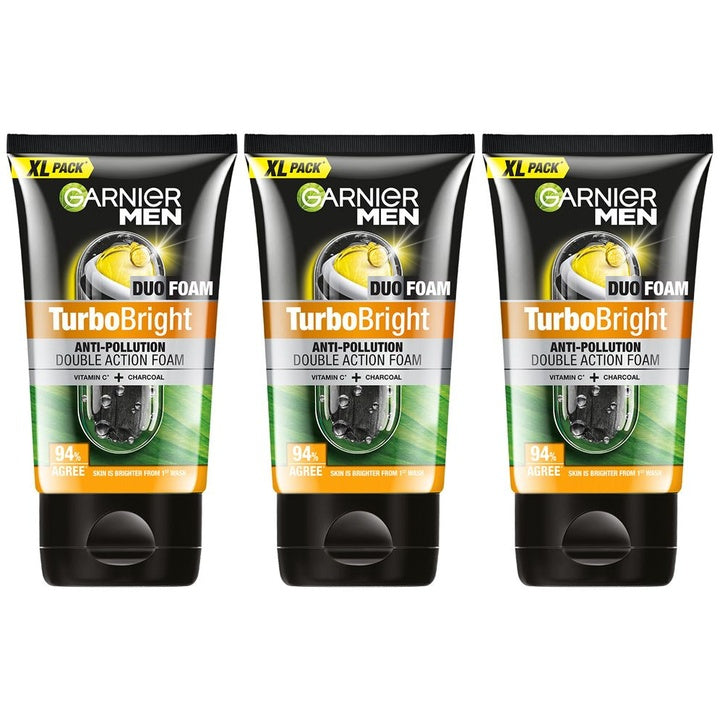 Garnier Men 3-Pcs Turbo Bright Double Action Face Wash with Charcoal & Vit-C - 150 g each