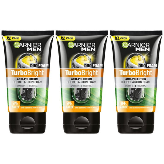 Garnier Men 3-Pcs Turbo Bright Double Action Face Wash with Charcoal & Vit-C - 150 g each