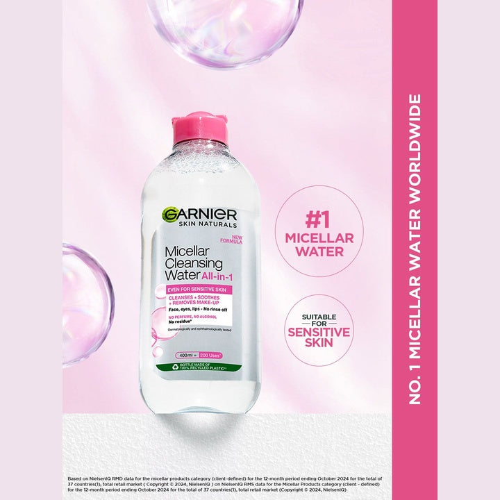Garnier Micellar Water - Gentle Cleanser For Sensitive Skin, Get 100% Clean Skin - 400ml