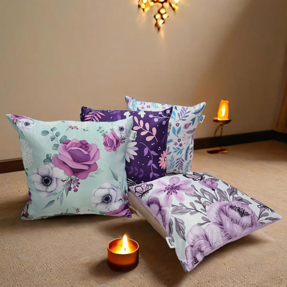 Vaa Floral Print Filled Cushion (Purple) - Set of 4 - 1 U
