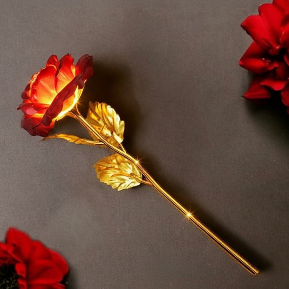 DesiDiya Golden Red Rose Led Flower Showpiece - Metal - 1 Unit