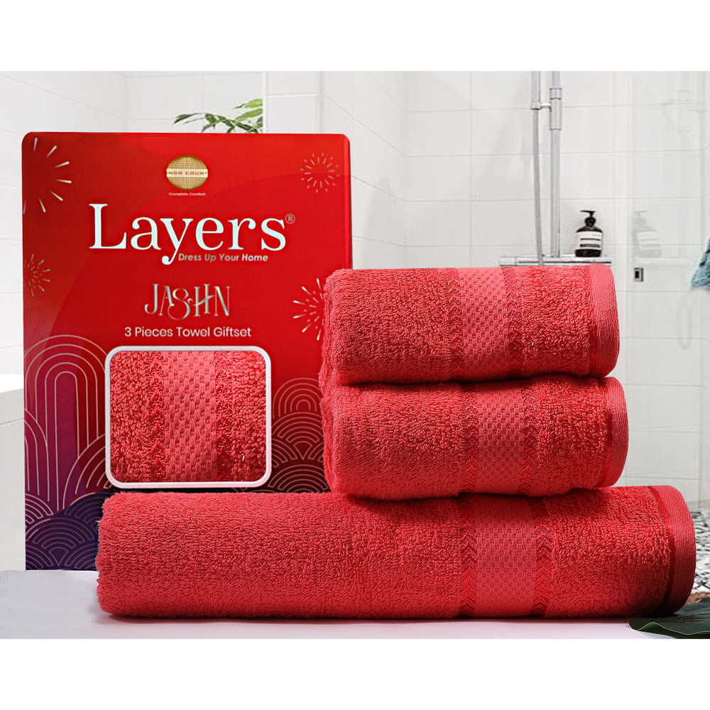 Layers Jashn 100% Cotton Towel Set 380 GSM (Coral) 1 Bath Towel + 2 Hand Towels - 1 U