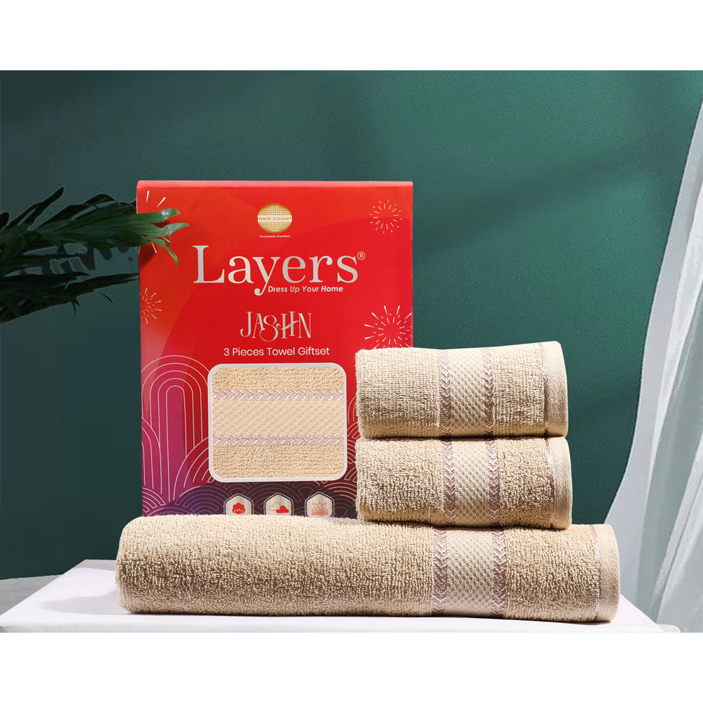 Layers Jashn 100% Cotton Towel Set 380 GSM (Cream) 1 Bath Towel + 2 Hand Towels - 1 U