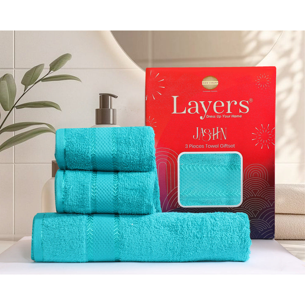 Layers Jashn 100% Cotton Towel Set 380 GSM (Turquoise) 1 Bath Towel + 2 Hand Towels - 1 U
