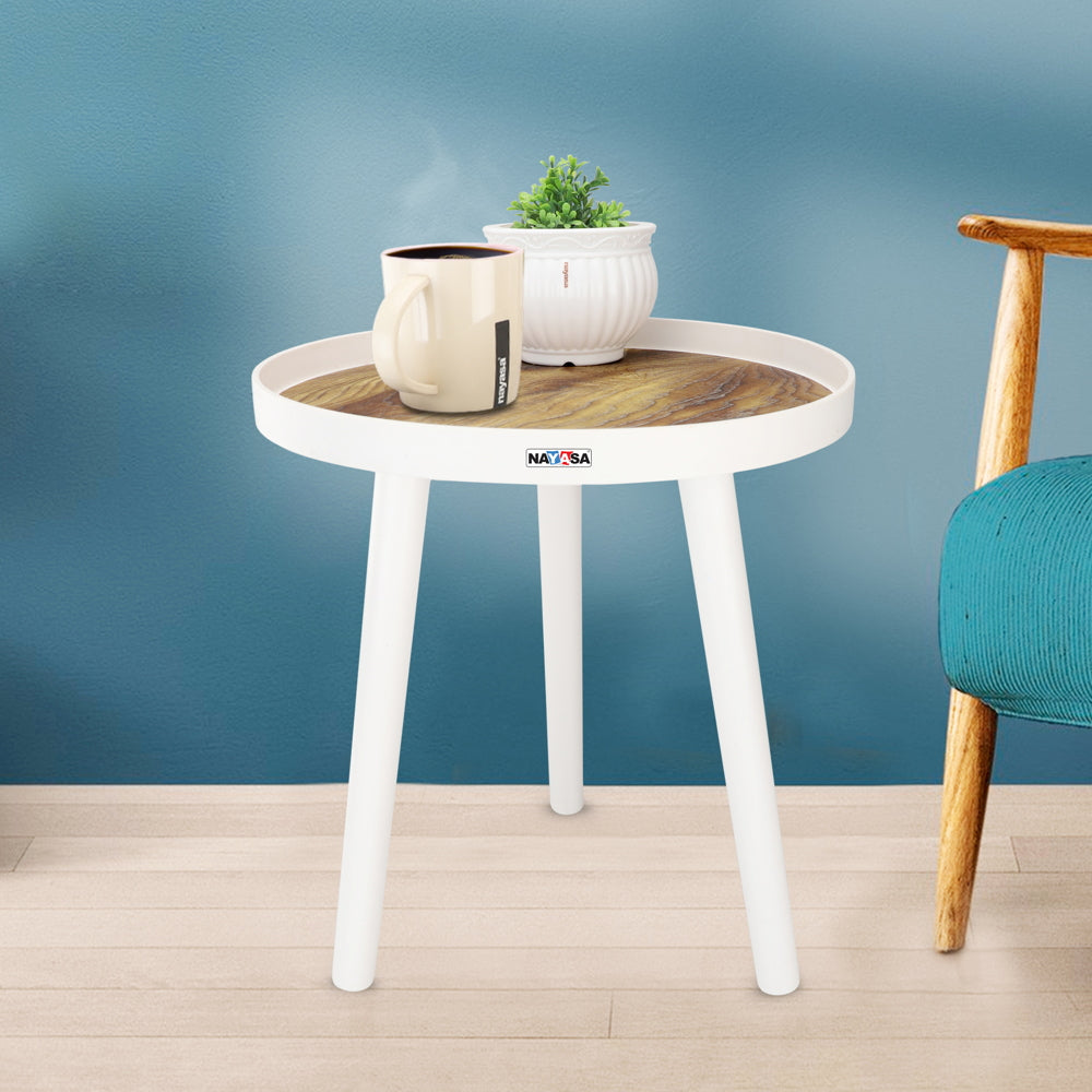Nayasa Round Modern Plastic Side Coffee Table - White & Brown - 1 U