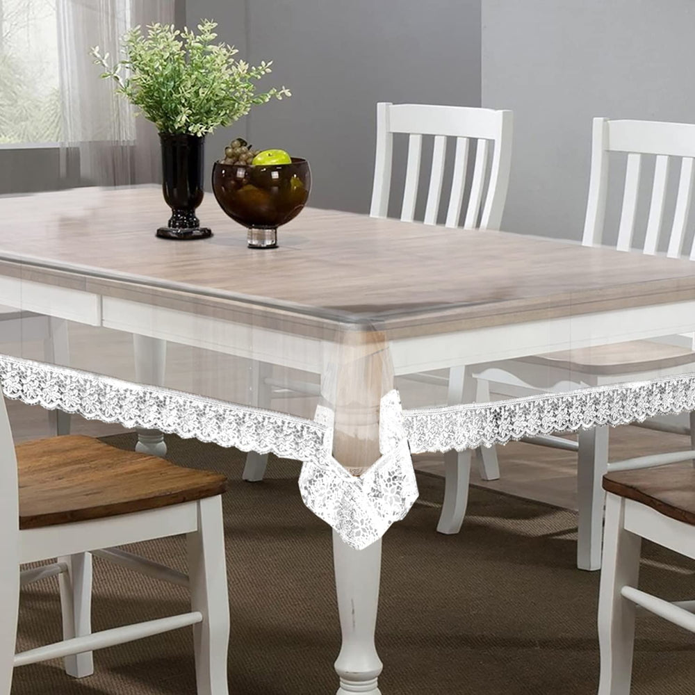 VAA Dining Table Cover With White Lace - 4 Seater (40x60 Inches) Transparent - 1 U