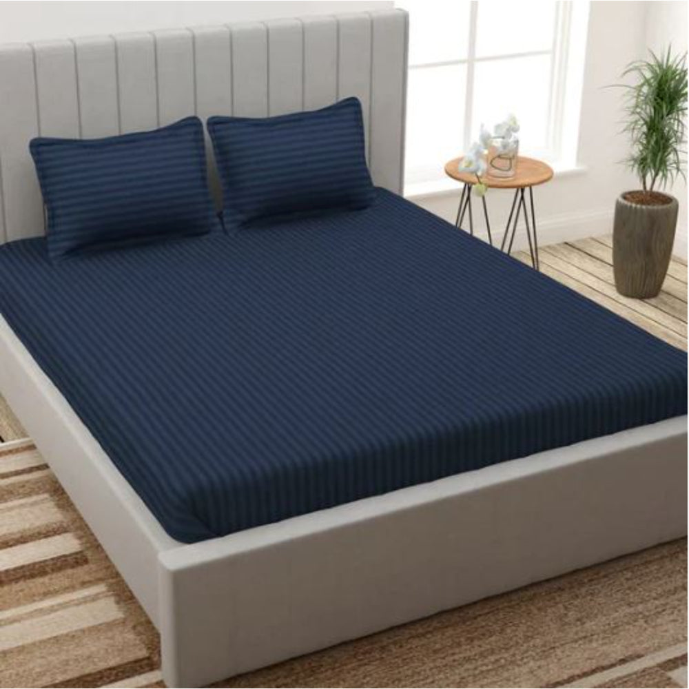 VAA Satin Stripe Double Bedsheet 140 GSM (Navy Blue) - 224 x 243 CM - 1 U