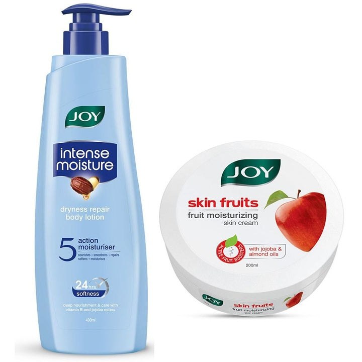 JOY Pack of 2 Intense Moisture Dryness Repair Body Lotion 400ml & Fruits Skin Cream 200ml