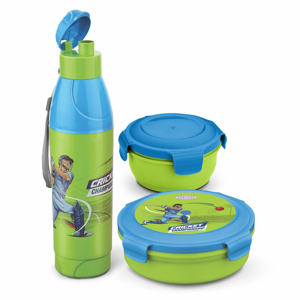 Asian Little Champions Set Lunch Box & Bottle (Green & Blue) - Set Of 3 - 3 U