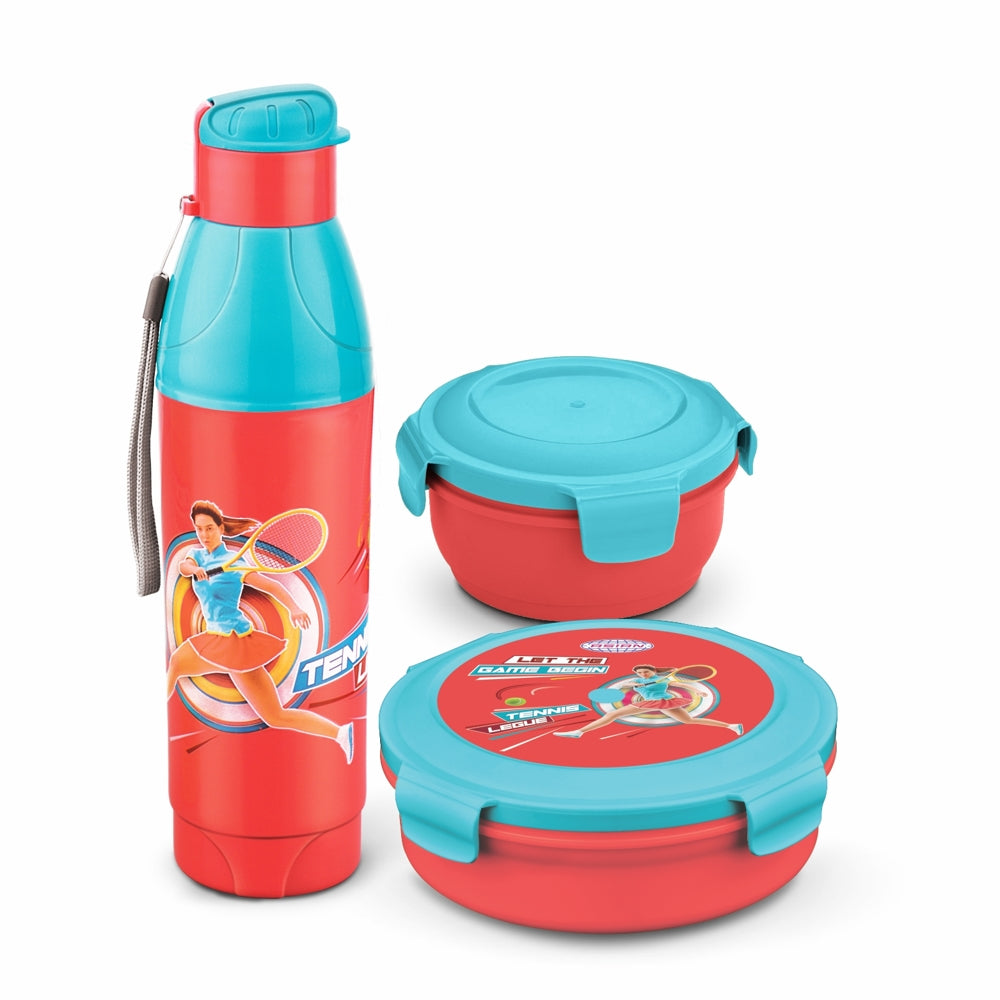 Asian Little Champions Set Lunch Box & Bottle (Saffron Red & Blue) - Set Of 3 - 3 U