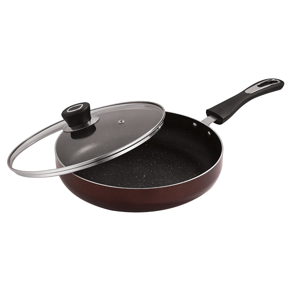 Bombay Kookware Induction NonStick FryPan With Glass Lid - Maroon - 26 cm