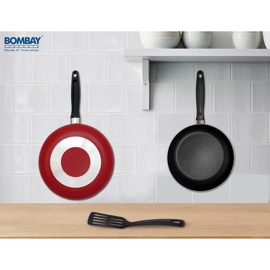 Bombay Kookware Non-Stick 2 Fry Pan Set & Spoon (Cherry Red) - 3 Pieces - 3 U