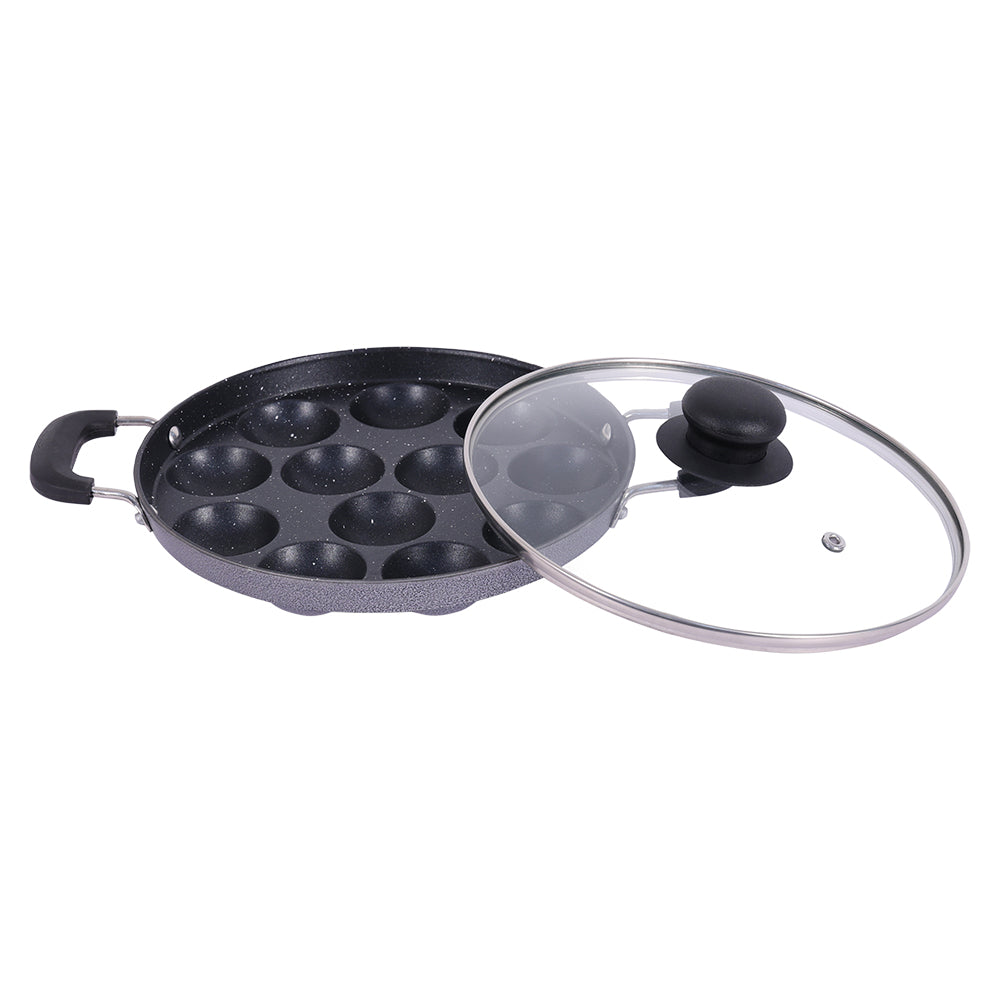 Bombay Kookware Non-Stick Appam With Glass Lid- Grey - 26 cm