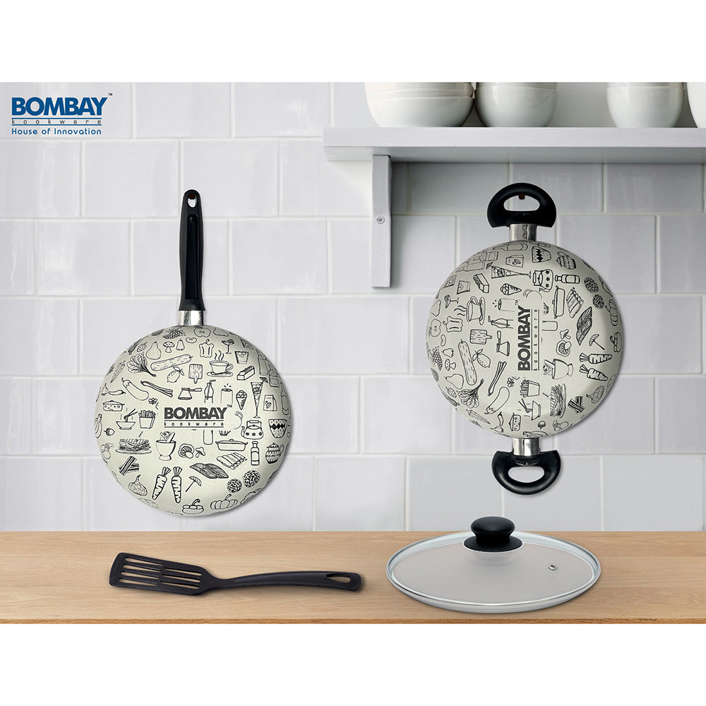 Bombay Kookware Non-Stick Kala Kruti Fry Pan and Kadai - Ivory - 4 U