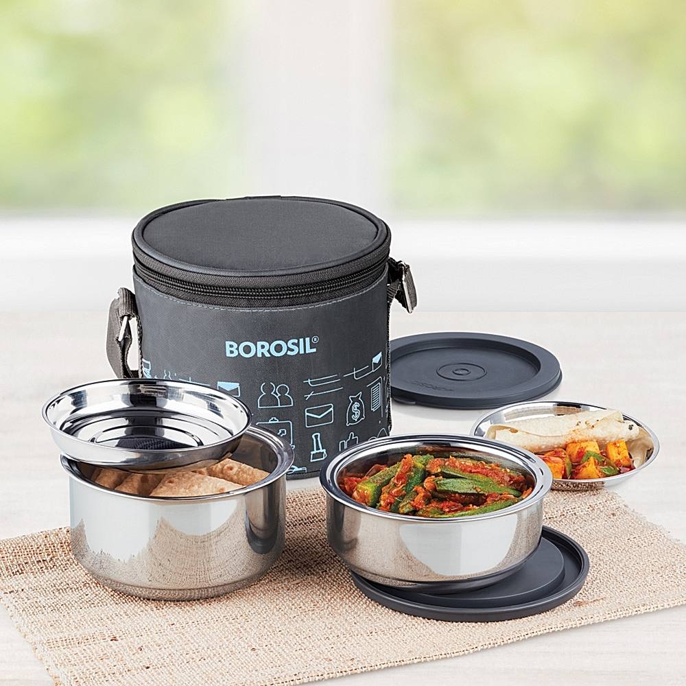 Borosil Carry Fresh Stainless Steel Lunch Box Set - 2 Containers - 2 U