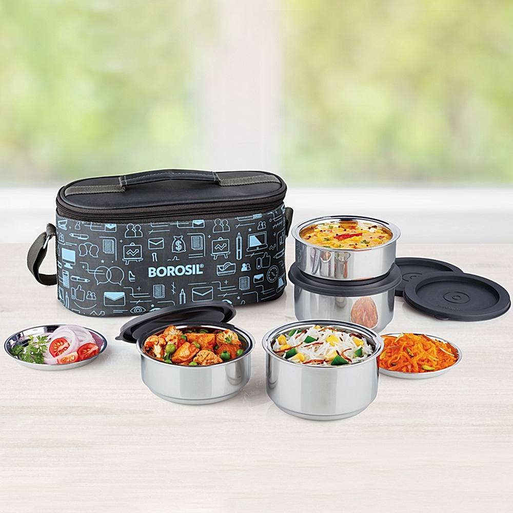 Borosil Carry Fresh Stainless Steel Lunch Box Set - 4 Containers - 4 U