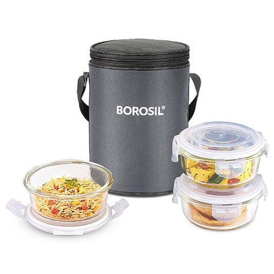 Borosil Elegant A-Round Lunch Box With Bag (400ml) - Set Of 3 - 1 U