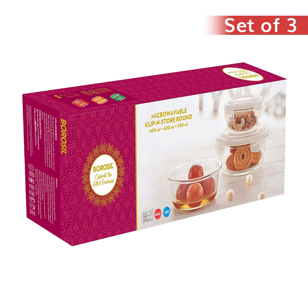 Borosil Klip N Store Round Glass Container - Set of 3 - 3 U