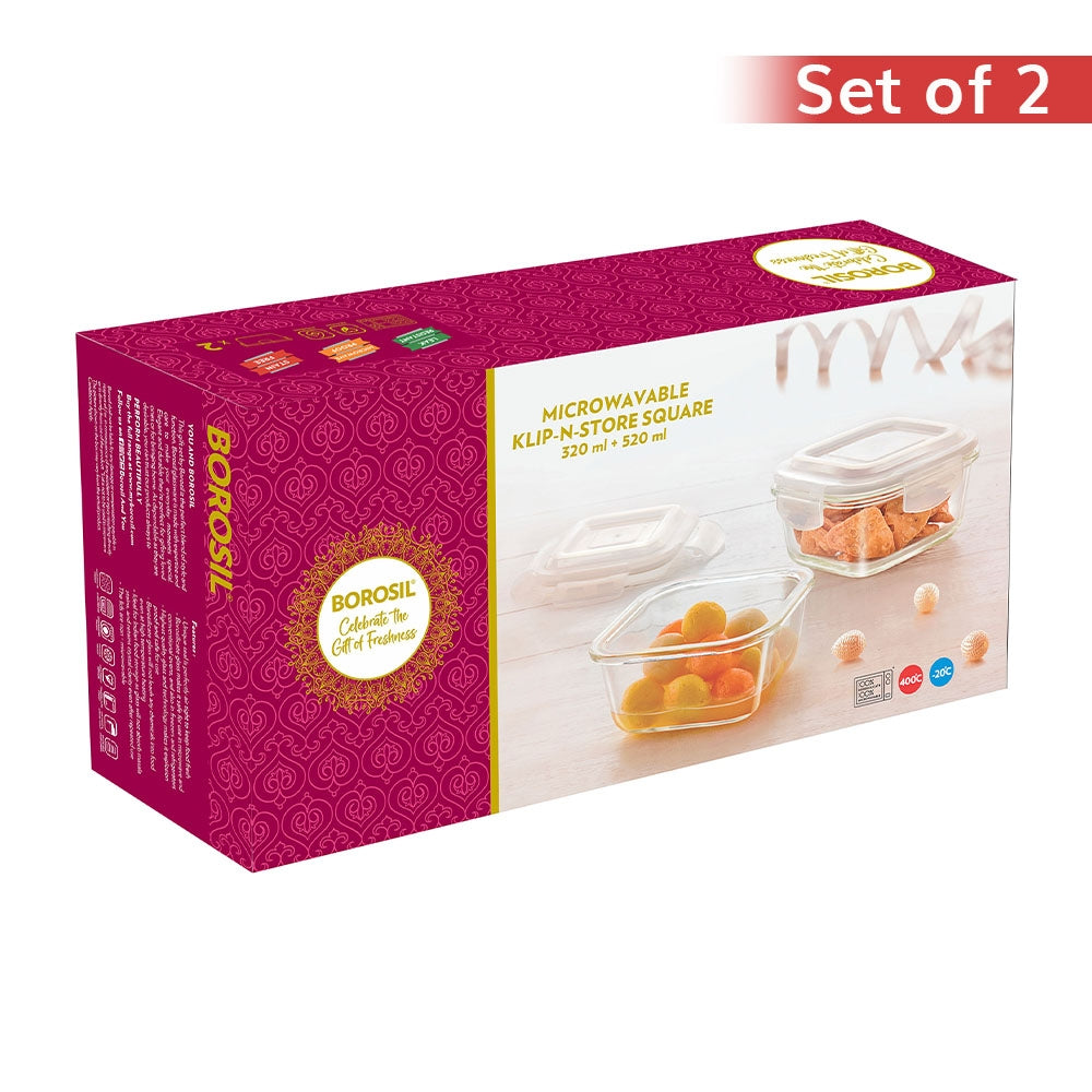 Borosil Klip N Store Square Glass Container - Set of 2 - 2 U