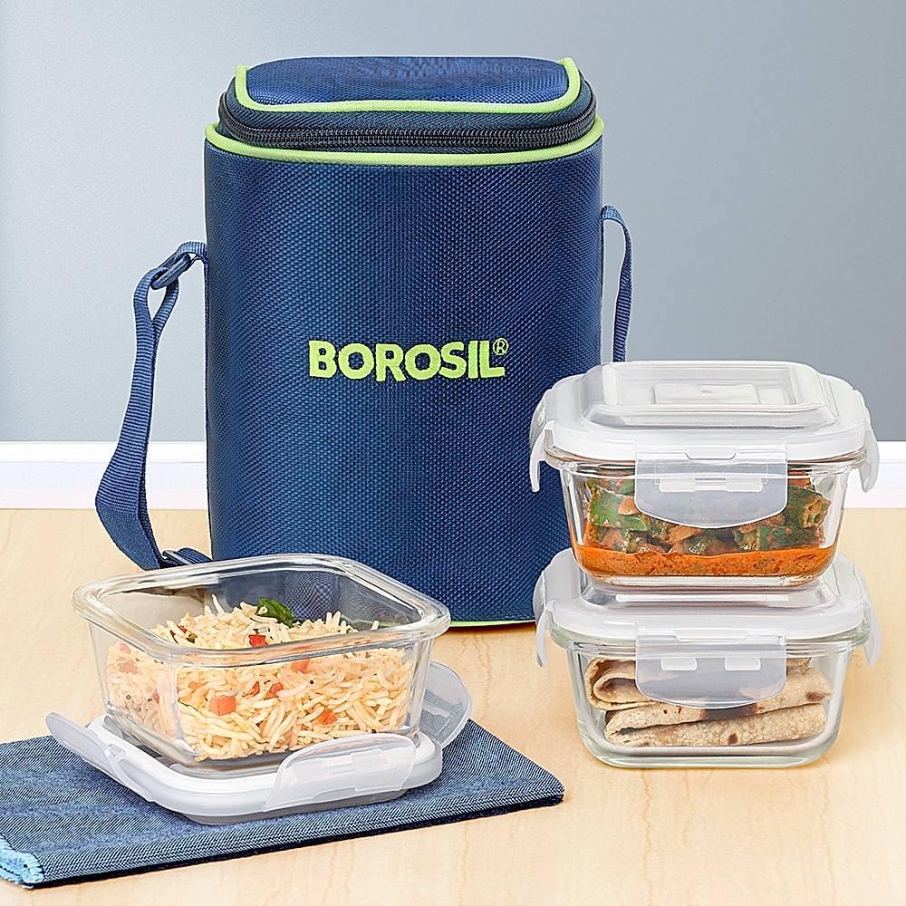 Borosil Klip- N- Store Square Glass Lunch Box - 3 Units - 320 ml