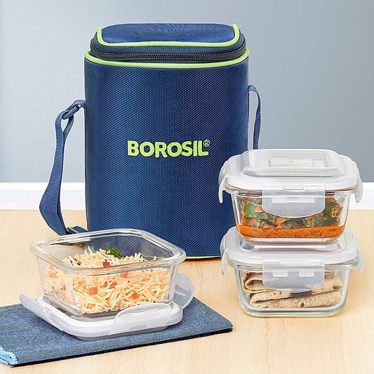 Borosil Klip- N- Store Square Glass Lunch Box - 3 Units - 320 ml