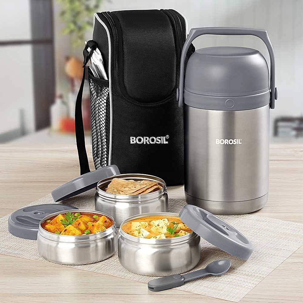 Borosil Stainless Steel Hot-N-Fresh Lunch Box (Set Of 3) - 3 U