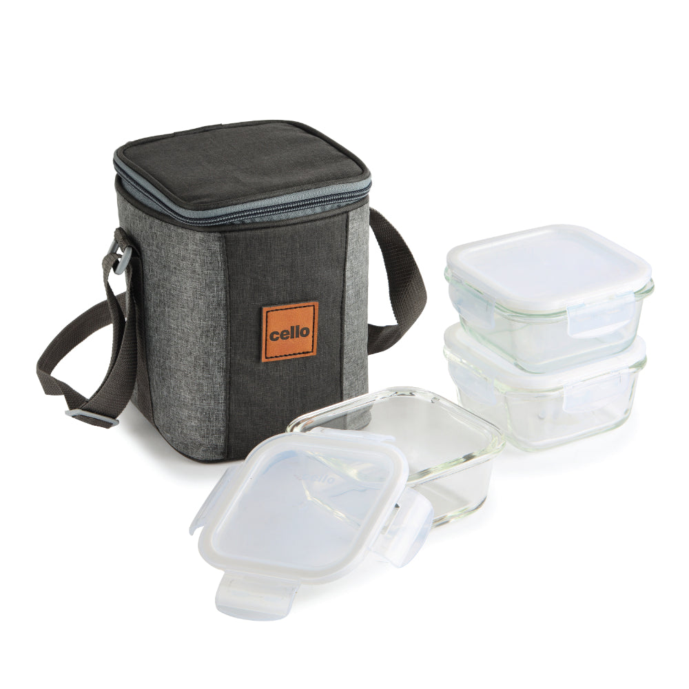 Cello Glassy Square Three Lunch Box With Carry Bag - 320 ml - 1 Unit