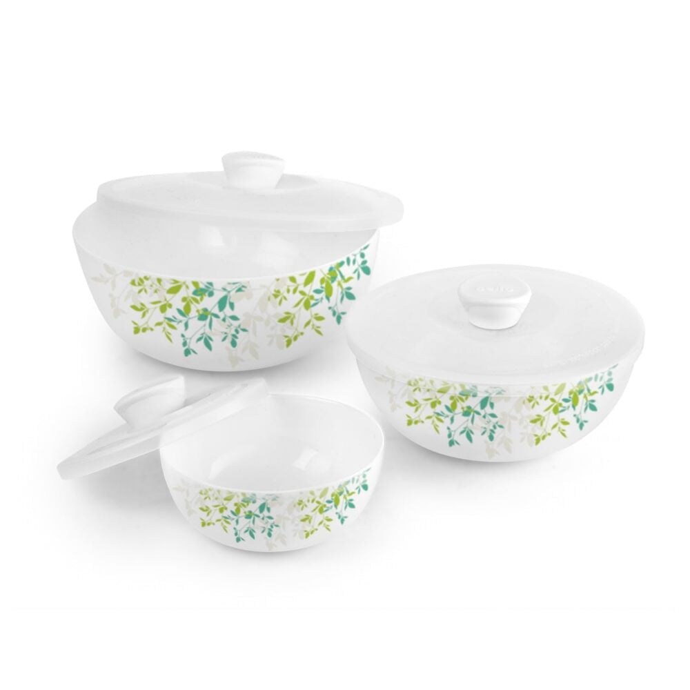 Cello Opalware Green Orchard Mixing Bowls With Lid (White) - Set Of 3 - 3 U
