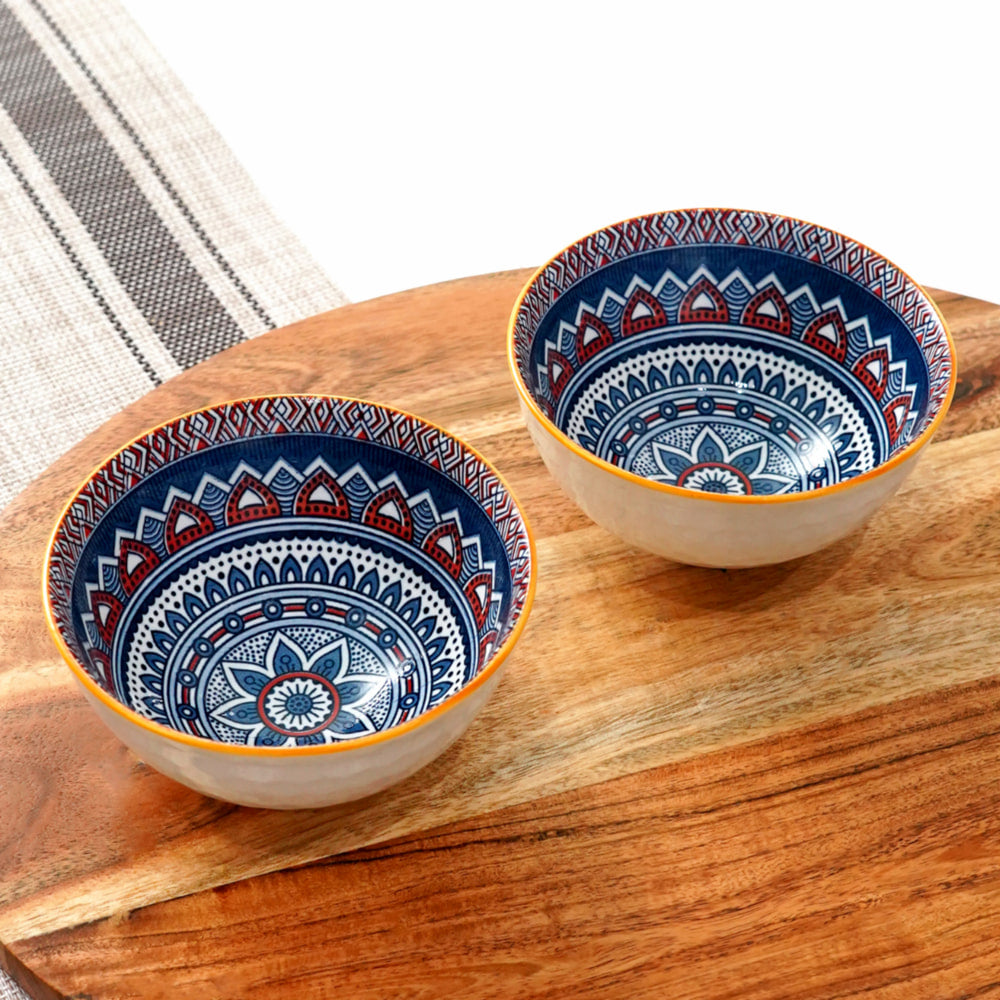 Femora Ceramic Bowl D4 (White & Blue) 315 ml - Set of 2 - 1 Unit