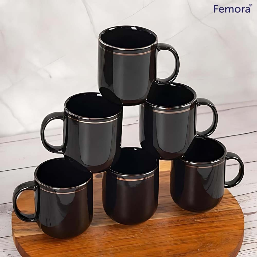 Femora Ceramic Gold Line Tea Cups (Black) - 180 ml - 6 U