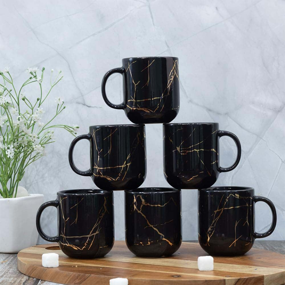 Femora Ceramic Marble Gold Print Coffee Mug (Black) - 180 ml (6 Piece) - 6 U